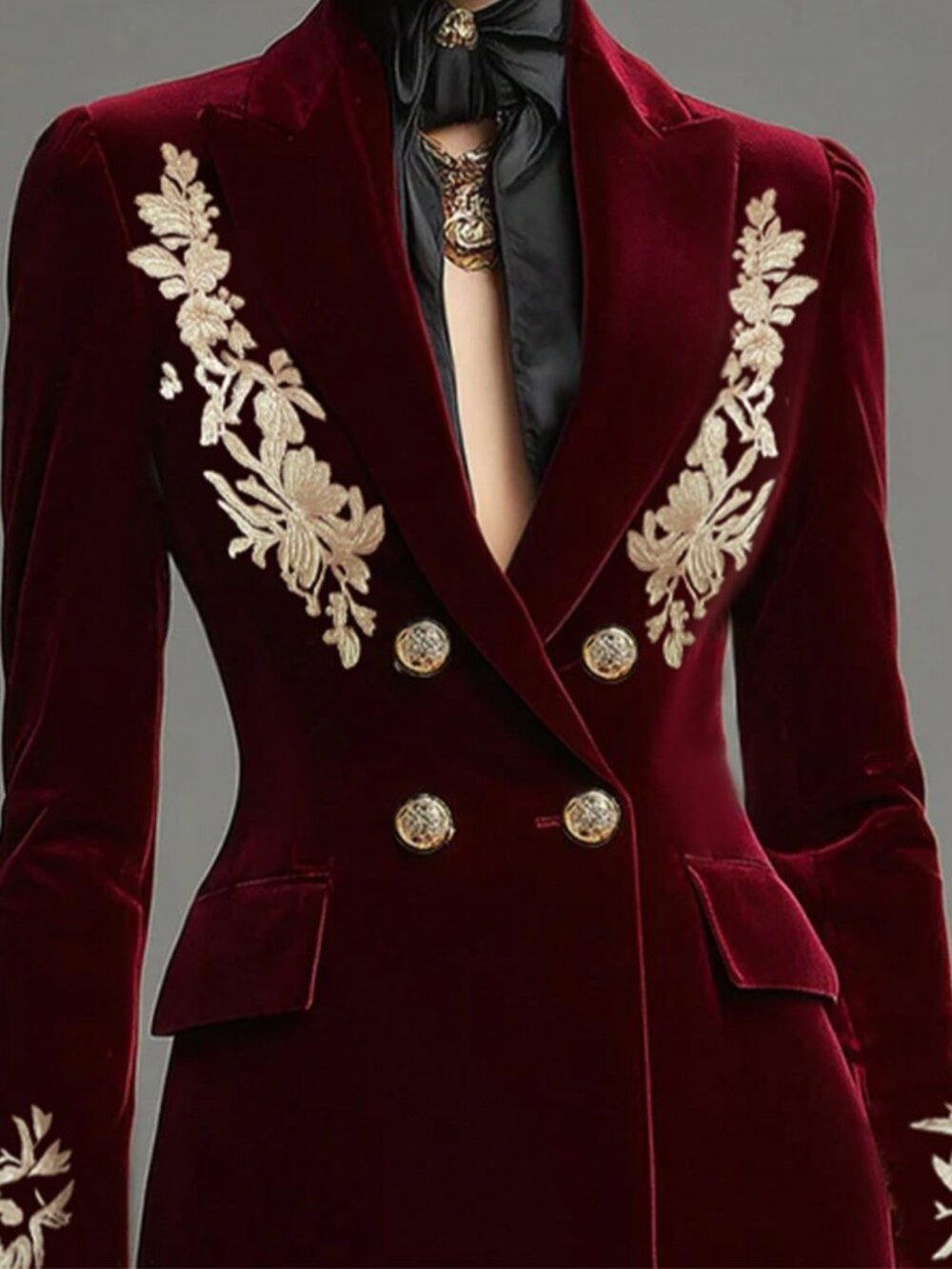 Burgundy Casual Women's Blazer Jacket, Gold Embroidery, Double-Breasted - Picture 3 of 4